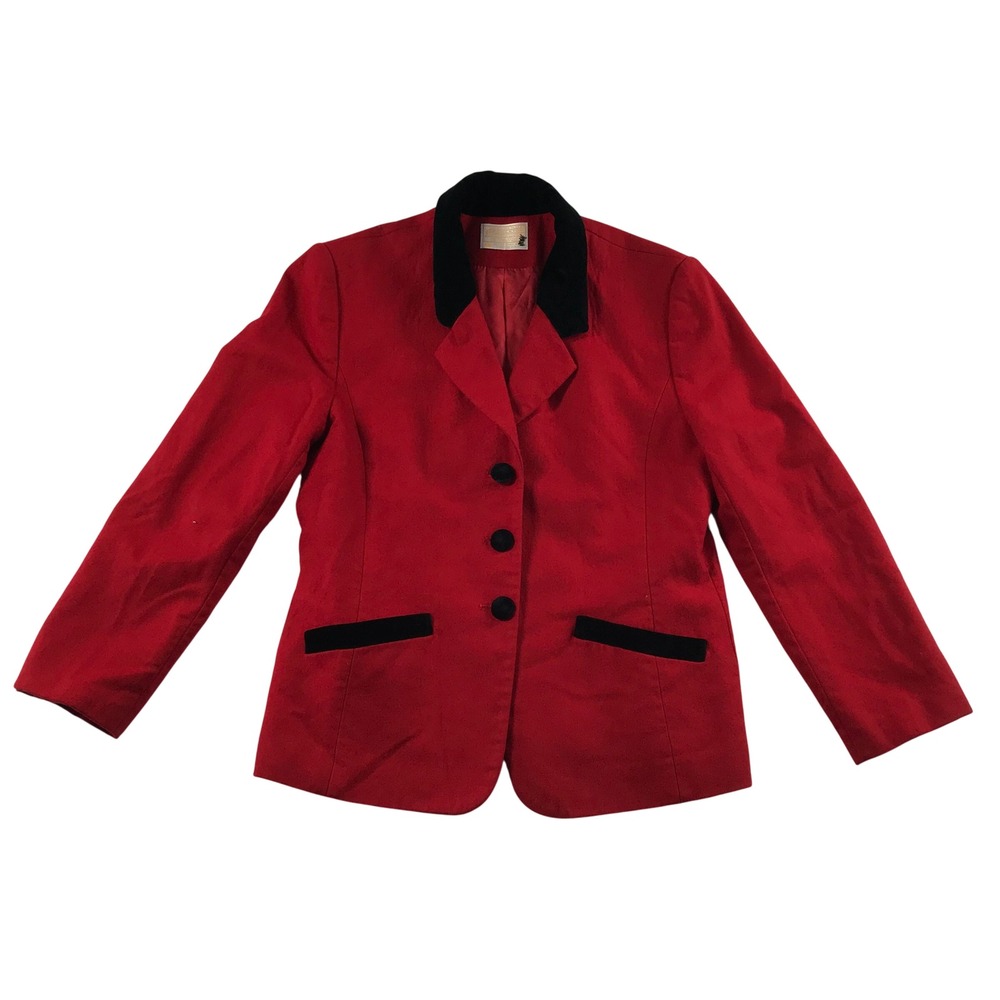 Pendleton Vintage Red Wool Blazer Black Velvet Trim Collared Jacket Made in USA